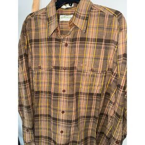 Orvis Mens XL 100% Cotton Brown Gold Plaid Button Collard Outdoor Shirt